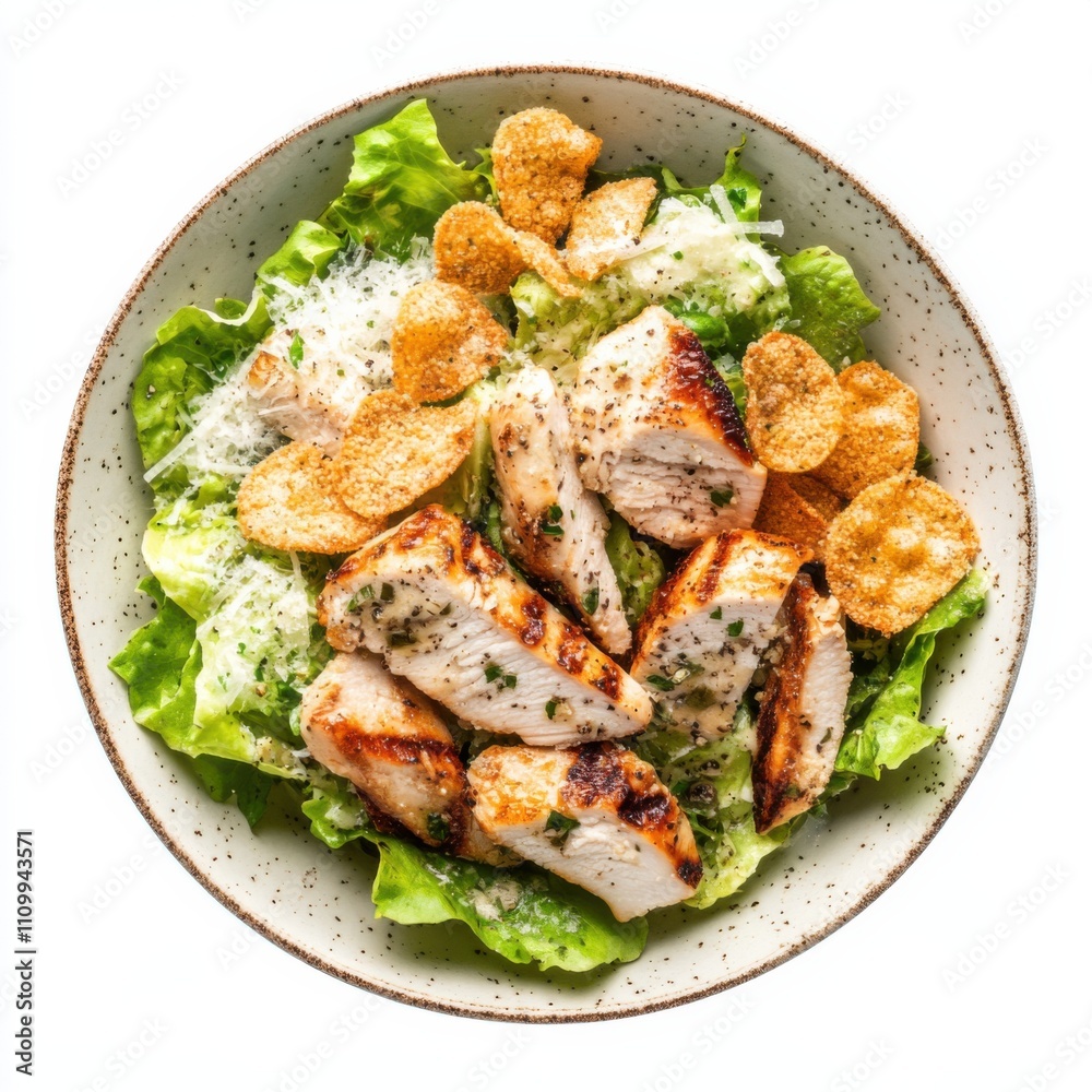 A classic Caesar salad with grilled chicken and parmesan crisps, isolated white background, cubism art style A classic Caesar salad with grilled chicken and parmesan crisps, isolated white background, cubism art style