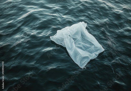 A Single Piece of White Plastic Waste Floating on Dark Ocean Water, Highlighting Marine Pollution and Environmental Concerns Around Single-Use Materials photo