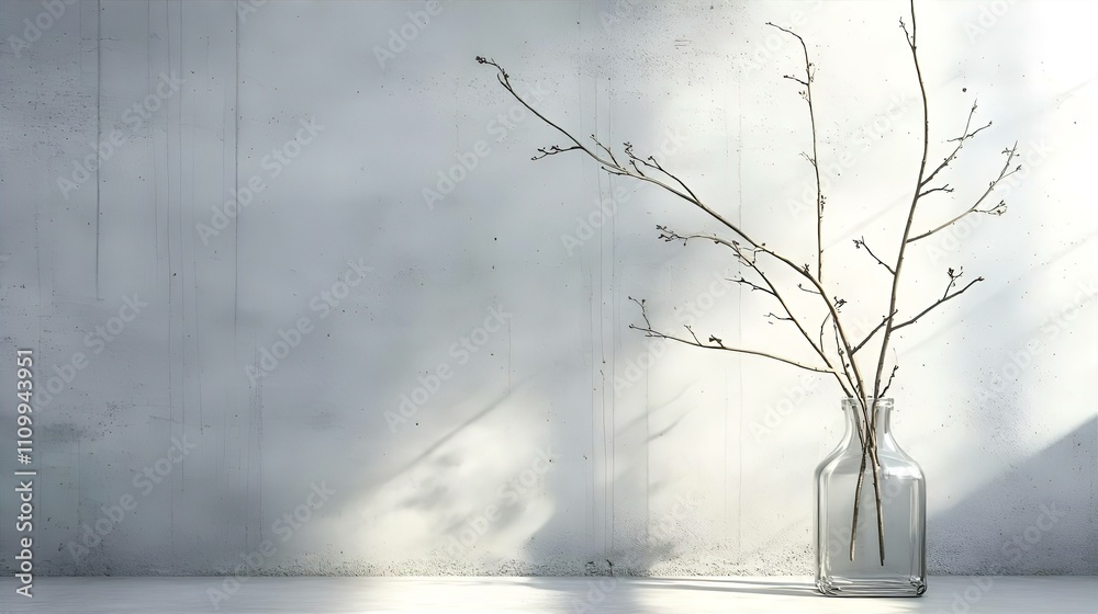 Minimalist Still Life: Dried Branches in a Clear Glass Vase Against a Textured White Wall Minimalist Still Life: Dried Branches in a Clear Glass Vase Against a Textured White Wall