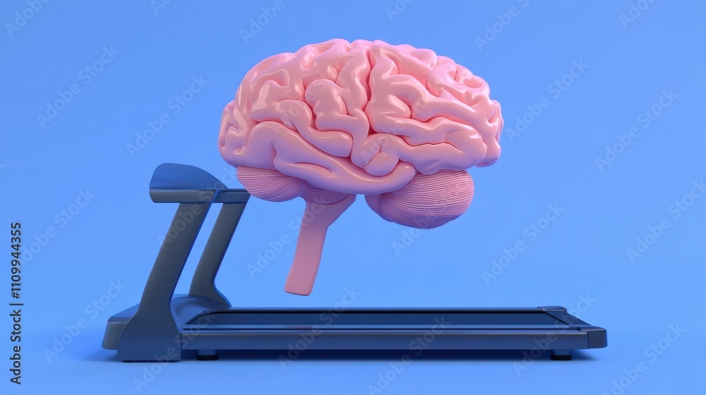 A Surreal Depiction of a Pink Brain Exercising on a Treadmill Against a Bright Blue Background, Symbolizing Mental Fitness and Well-Being in a Creative and Engaging Way A Surreal Depiction of a Pink Brain Exercising on a Treadmill Against a Bright Blue Background, Symbolizing Mental Fitness and Well-Being in a Creative and Engaging Way