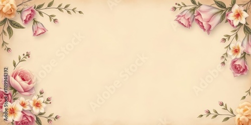 Vintage Watercolor Floral Border with Delicate Pink Roses and Creamy White Flowers on a Beige Background