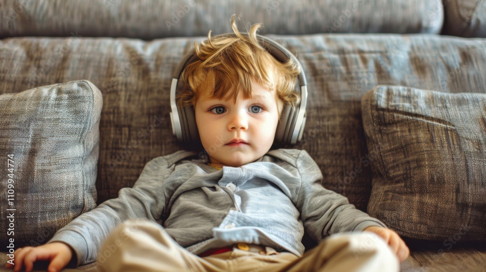 Fototapeta premium A focused little boy sits on a comfortable couch, headphones on, completely engaged in his game, radiating concentration and joy.