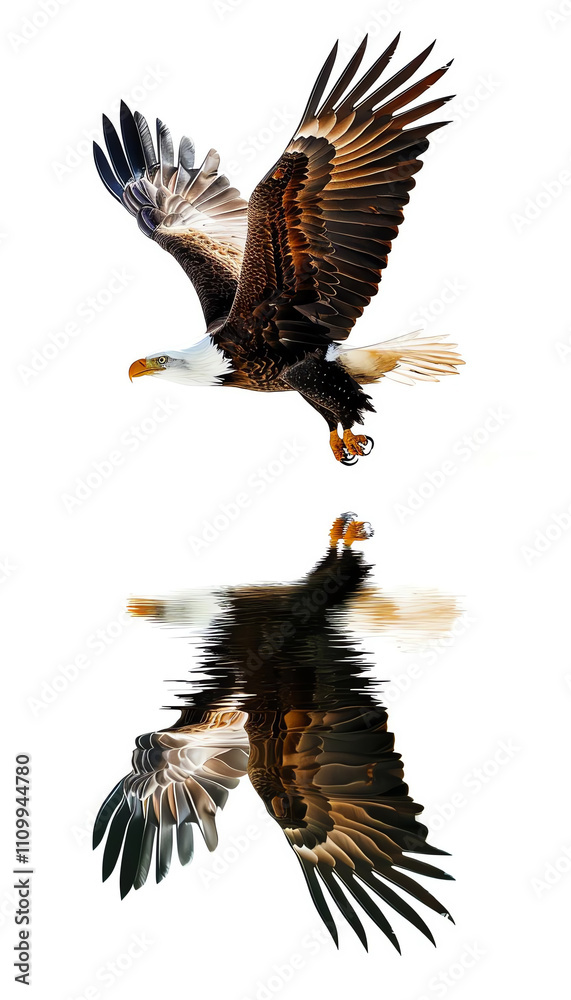 Obraz premium A majestic eagle soaring through the sky, showcasing its powerful wings and beautiful reflection.