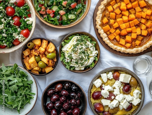 A Vibrant Spread of Fresh Salads, Colorful Vegetables, and Delicious Pies Showcasing Healthy Eating Choices Perfect for Gatherings and Celebrations