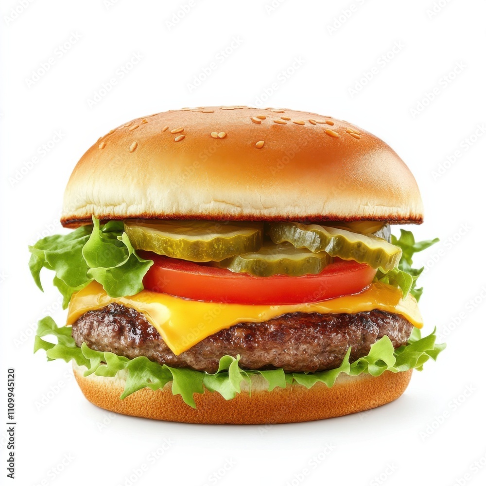 A classic cheeseburger with lettuce, tomato, and pickles A classic cheeseburger with lettuce, tomato, and pickles