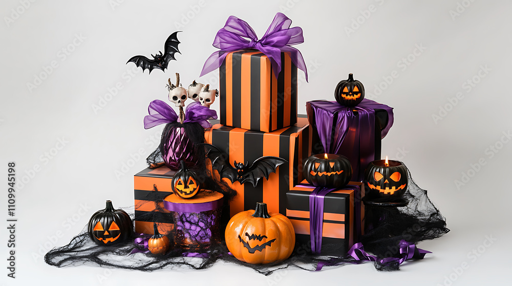 Naklejka premium Elegant arrangement of Halloween gift boxes with spooky decorations