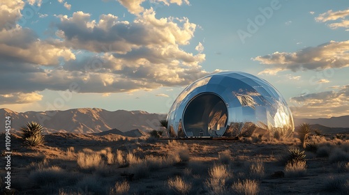 Futuristic geodesic dome in desert landscape at sunset.