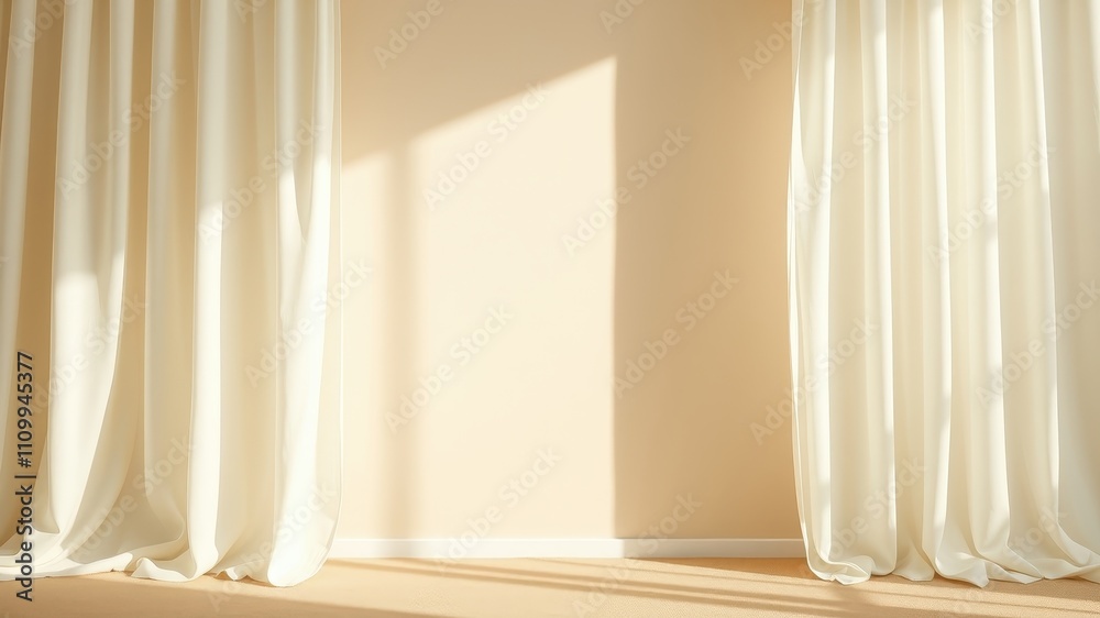 Fototapeta premium Sunlight streaming through sheer curtains casting soft shadows on a cream wall and a beige floor