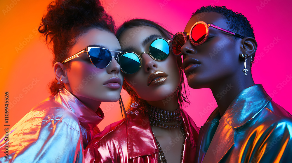 Modern fashion shoot featuring bold metallics and stylish sunglasses Modern fashion shoot featuring bold metallics and stylish sunglasses