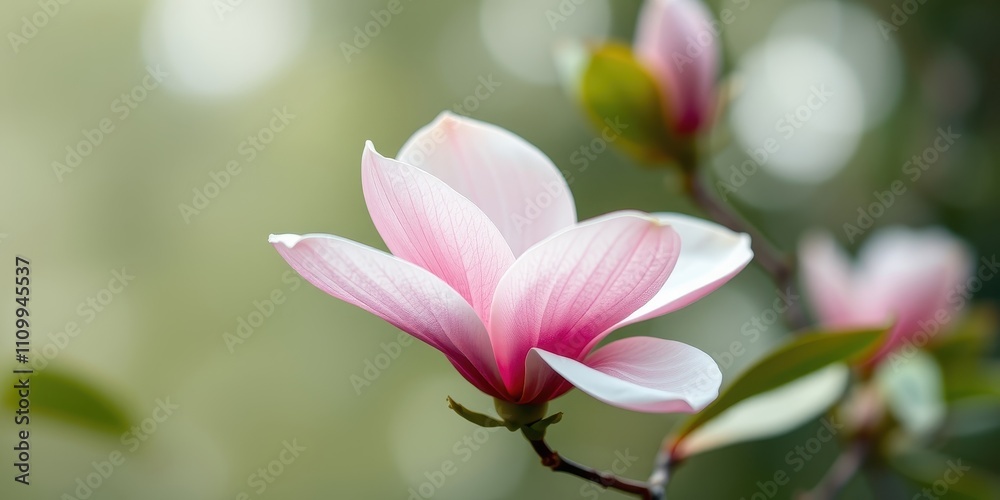 A Delicate Pink Magnolia Blossom Opens to Reveal Its Soft, White Interior, Against a Blurred Green Background A Delicate Pink Magnolia Blossom Opens to Reveal Its Soft, White Interior, Against a Blurred Green Background