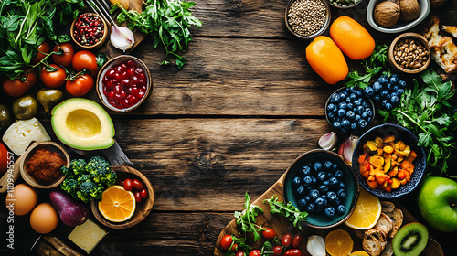 Fresh vegetables and fruits arranged on wooden table, vibrant colors