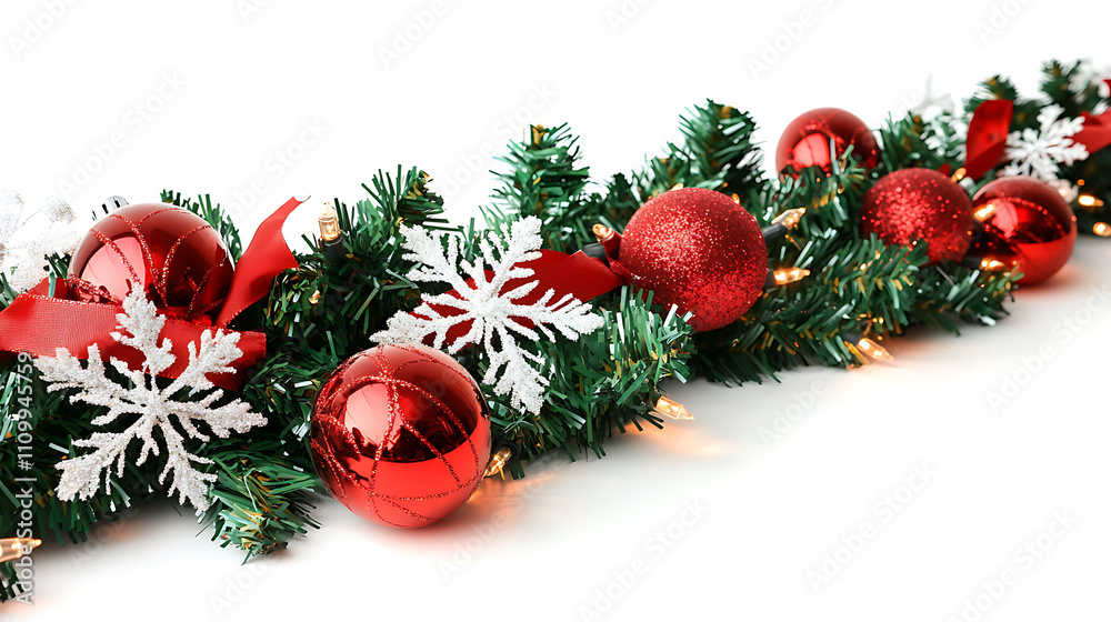 Thick green Christmas garland with shiny red baubles and snowflakes Thick green Christmas garland with shiny red baubles and snowflakes