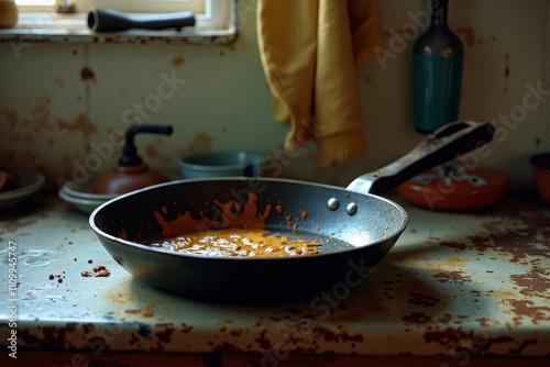 A black frying pan with remnants of yellow sauce on it, sitting on a rusty kitchen counter photo