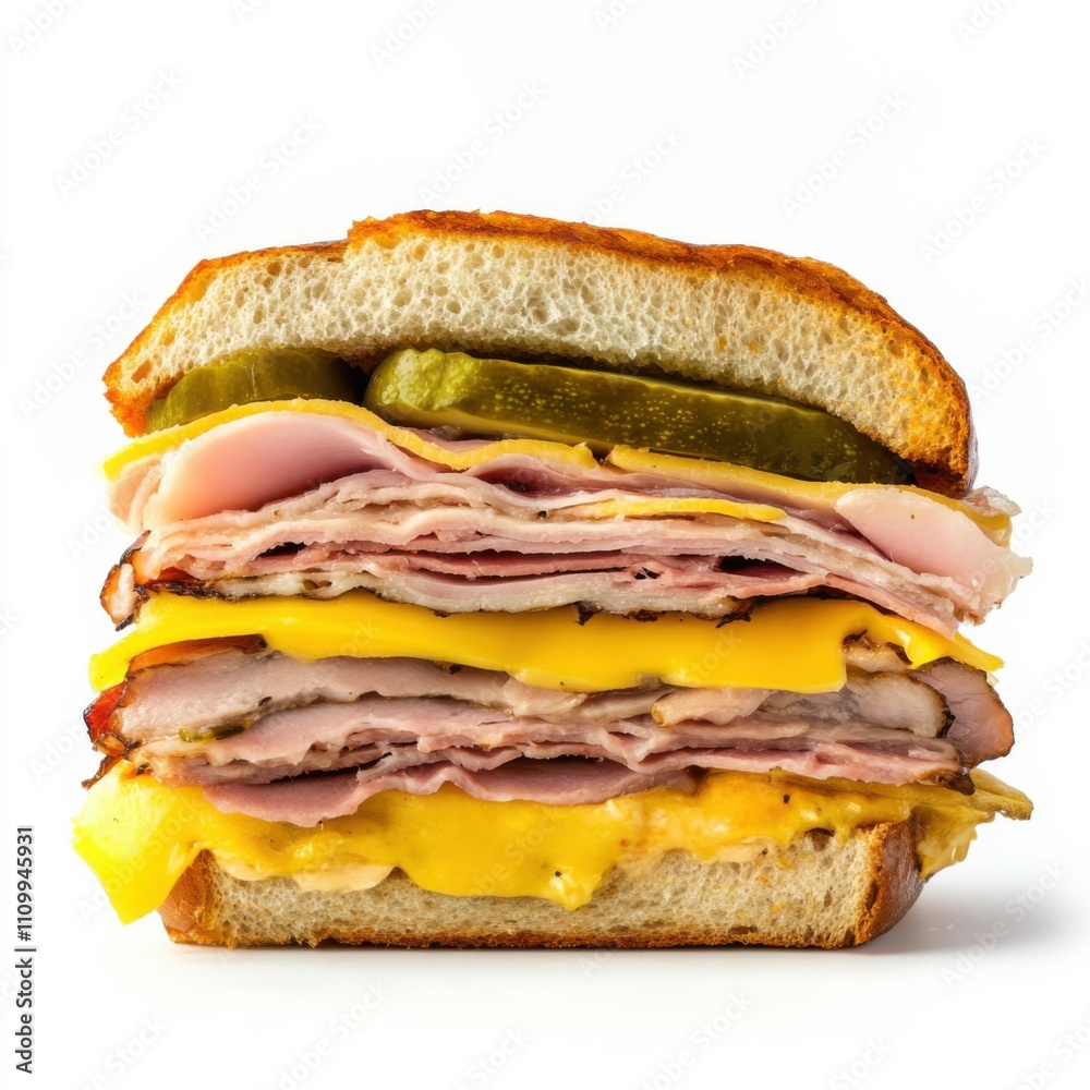 A classic Cuban sandwich with roasted pork, ham, Swiss cheese A classic Cuban sandwich with roasted pork, ham, Swiss cheese