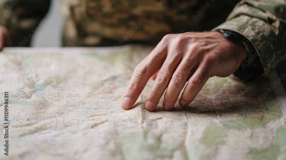 A hand tracing a map, suggesting navigation or planning in a military context. A hand tracing a map, suggesting navigation or planning in a military context.
