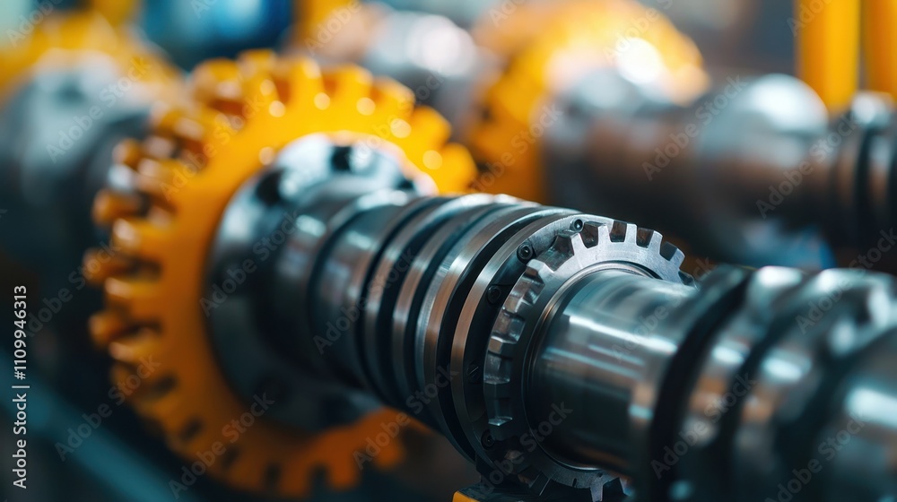 Obraz premium Close-up of industrial gears and machinery components with vibrant colors and intricate details.