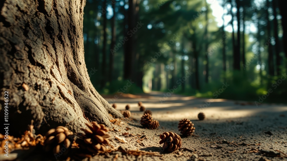 Fototapeta premium A woodland path lined with towering trees, the sunlight casting long shadows on the ground and highlighting the intricate details of a weathered tree trunk and scattered pine cones.