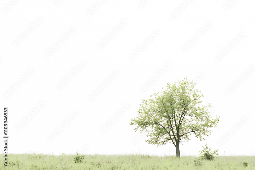 A lone tree in the grass, with a white background, soft green colors, and a simple composition A lone tree in the grass, with a white background, soft green colors, and a simple composition