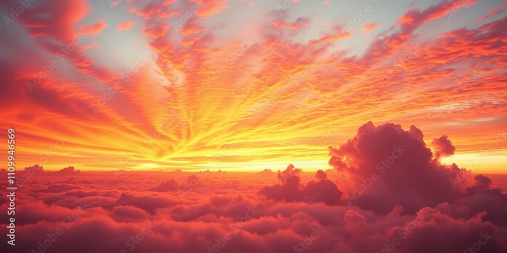 Obraz premium A breathtaking sunset above the clouds, with vibrant orange and red hues painting the sky, creating a mesmerizing spectacle of nature's artistry.