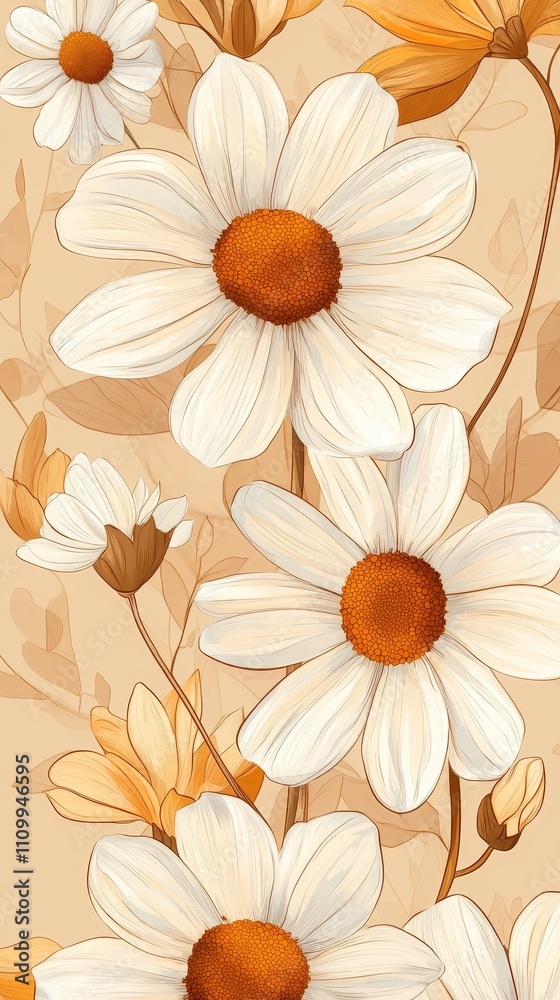 Hand-drawn daisy pattern on a brown background with simple, delicate flowers in muted neutral tones, creating a boho aesthetic and minimalist design perfect for home decor or fashion accessories. Hand-drawn daisy pattern on a brown background with simple, delicate flowers in muted neutral tones, creating a boho aesthetic and minimalist design perfect for home decor or fashion accessories.