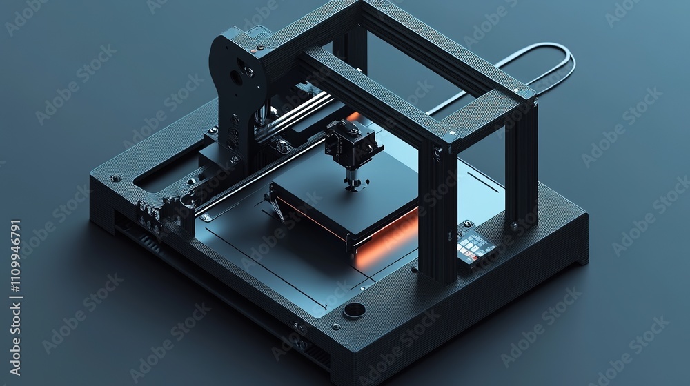 3D printer black icon in isometric style, featuring sleek and modern design, perfect for digital illustrations, technology-related projects, and innovative design concepts. 3D printer black icon in isometric style, featuring sleek and modern design, perfect for digital illustrations, technology-related projects, and innovative design concepts.