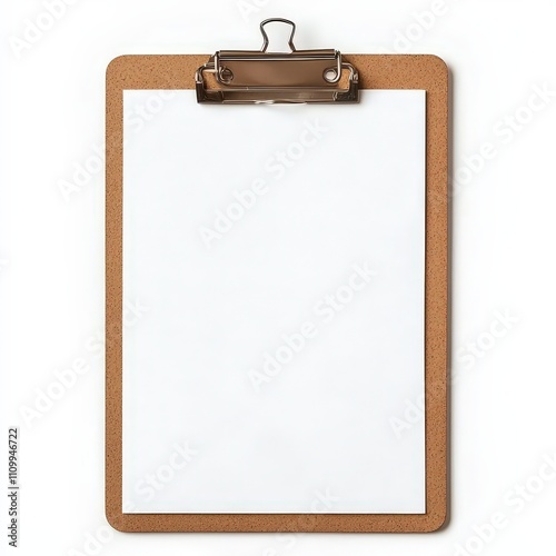 Stylish cork clipboard featuring a blank white sheet, highlighted by a metal clip, ideal for product mockups, office-themed presentations, or educational use. AI generated.