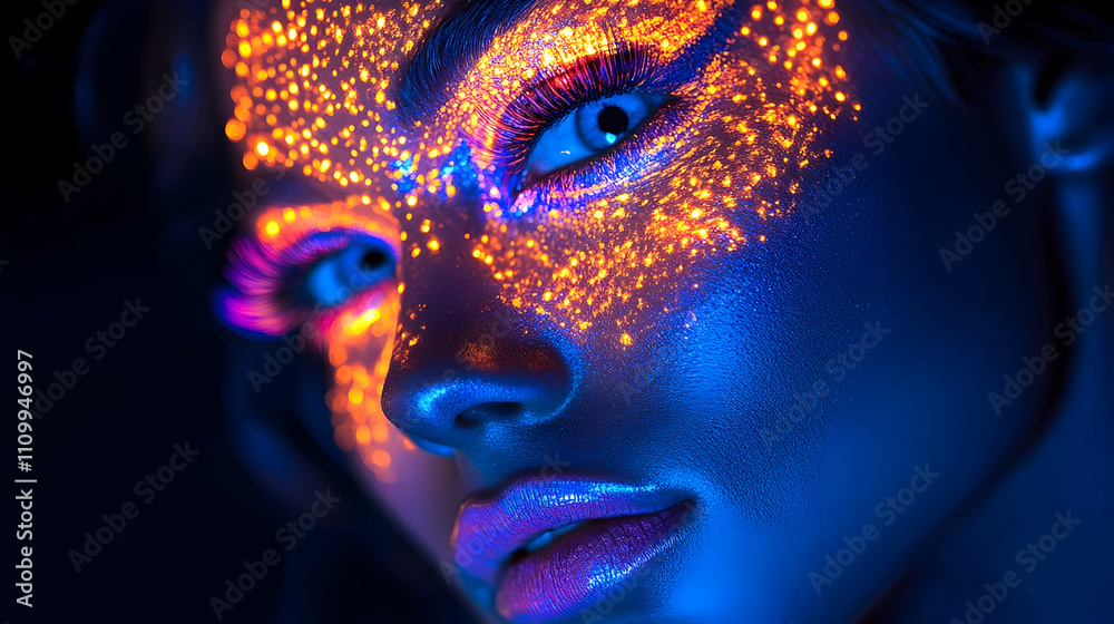 Vibrant neon artistry portrait of a model with illuminated face paint studio fashion photography creative environment close-up view artistry concept Vibrant neon artistry portrait of a model with illuminated face paint studio fashion photography creative environment close-up view artistry concept