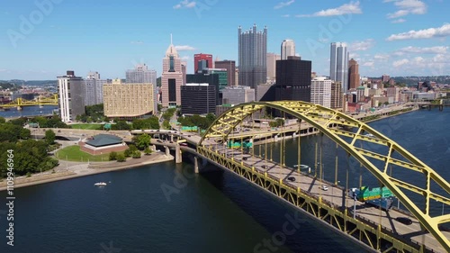 A captivating aerial view of Pittsburgh, PA, captured by a drone. This footage offers a sweeping view of the city's iconic skyline while passing over the famous George Westinghouse bridge.