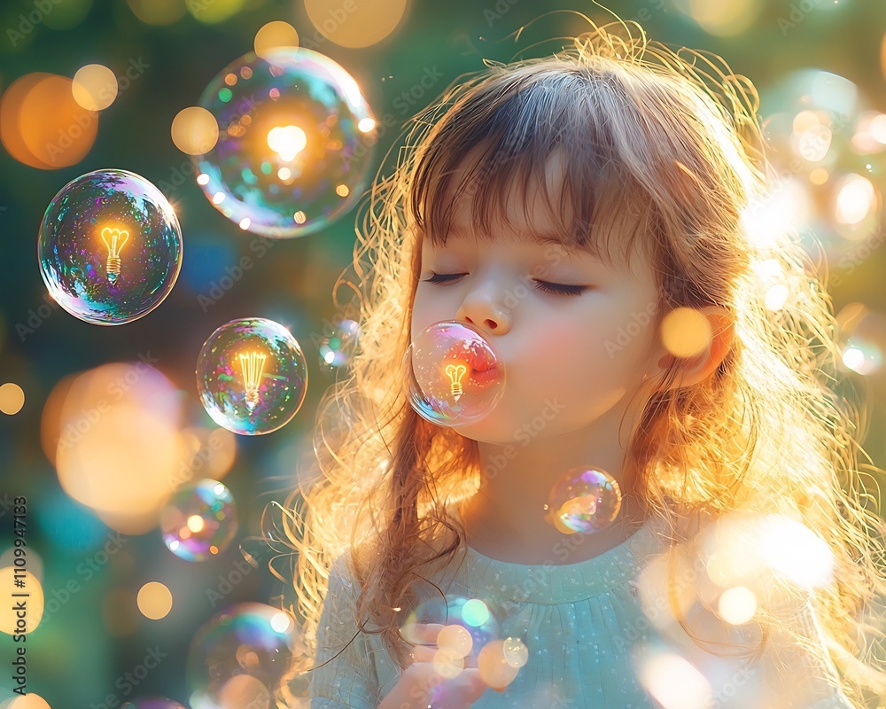 A child blowing bubbles with glowing lightbulbs inside symbolizing the free flowing nature of ideas and imagination in youth A child blowing bubbles with glowing lightbulbs inside symbolizing the free flowing nature of ideas and imagination in youth