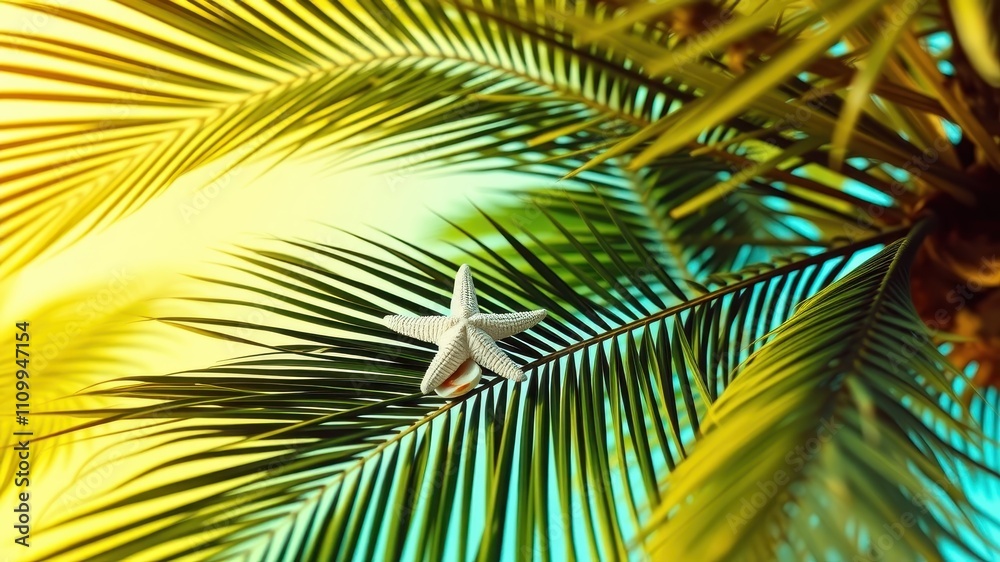Naklejka premium A White Starfish Resting on a Palm Leaf Under the Warm Glow of the Sun