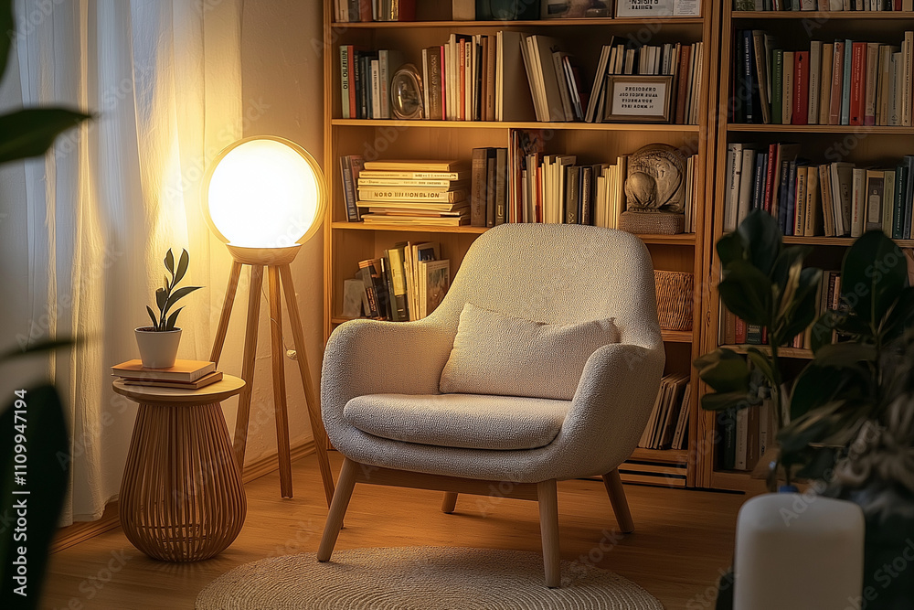 Cozy Scandinavian reading nook with comfortable armchair side table bookshelf and soft textures Cozy Scandinavian reading nook with comfortable armchair side table bookshelf and soft textures