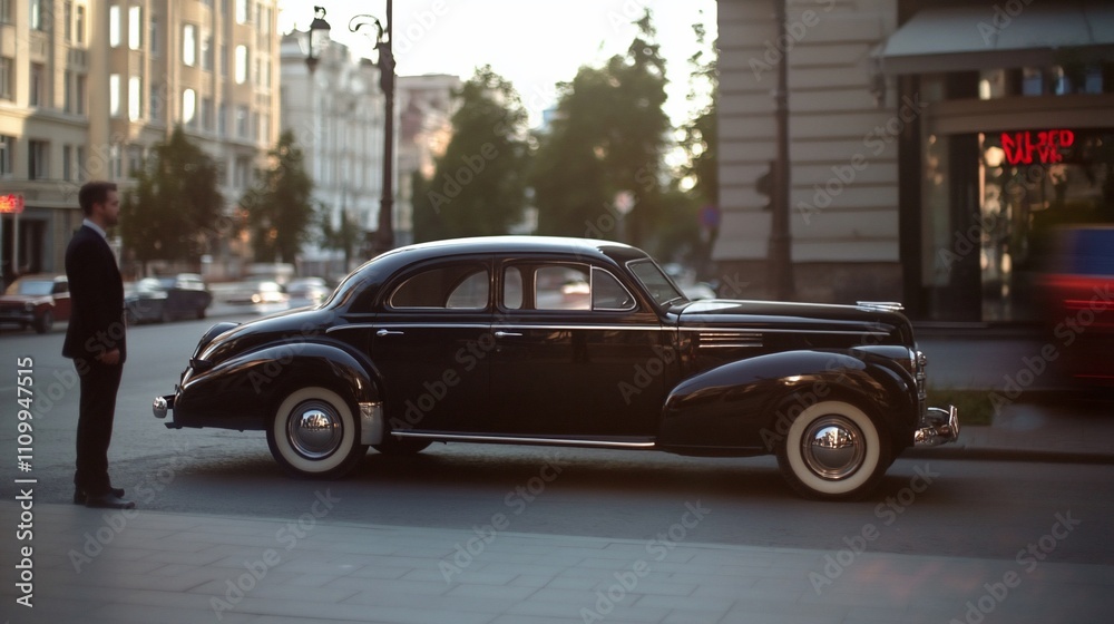 A man in a suit stands beside a classic black car on a city street. A man in a suit stands beside a classic black car on a city street.