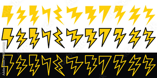 Lightning bolt icon set. Bolt, power, thunder, charge, storm symbol. Flash electric symbol. Set of thunderbolt icon. Thunder light. 