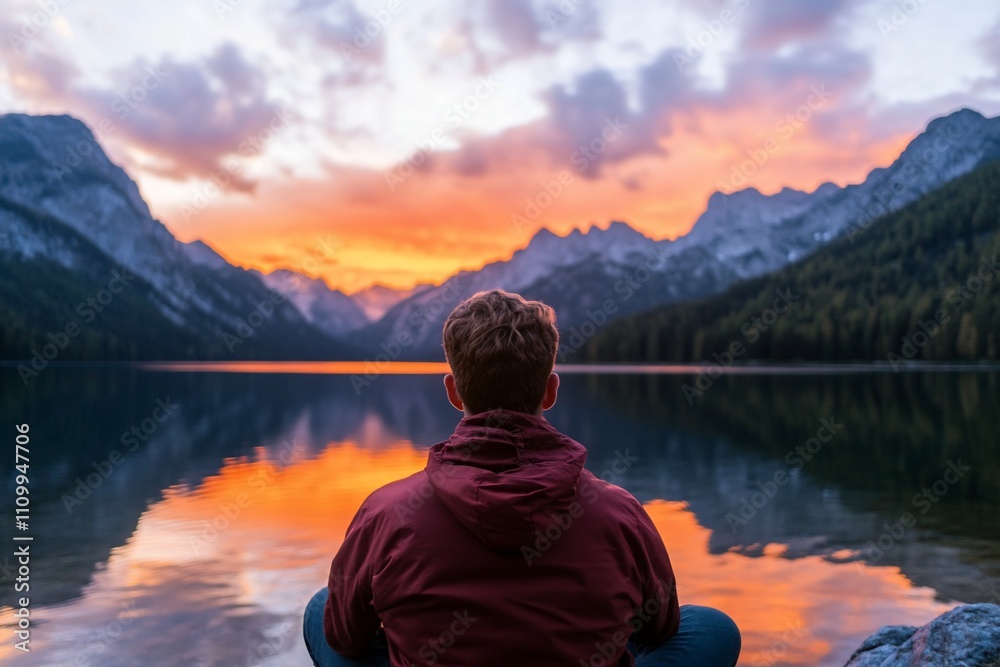 A person enjoying a serene sunset by a tranquil mountain lake. A person enjoying a serene sunset by a tranquil mountain lake.