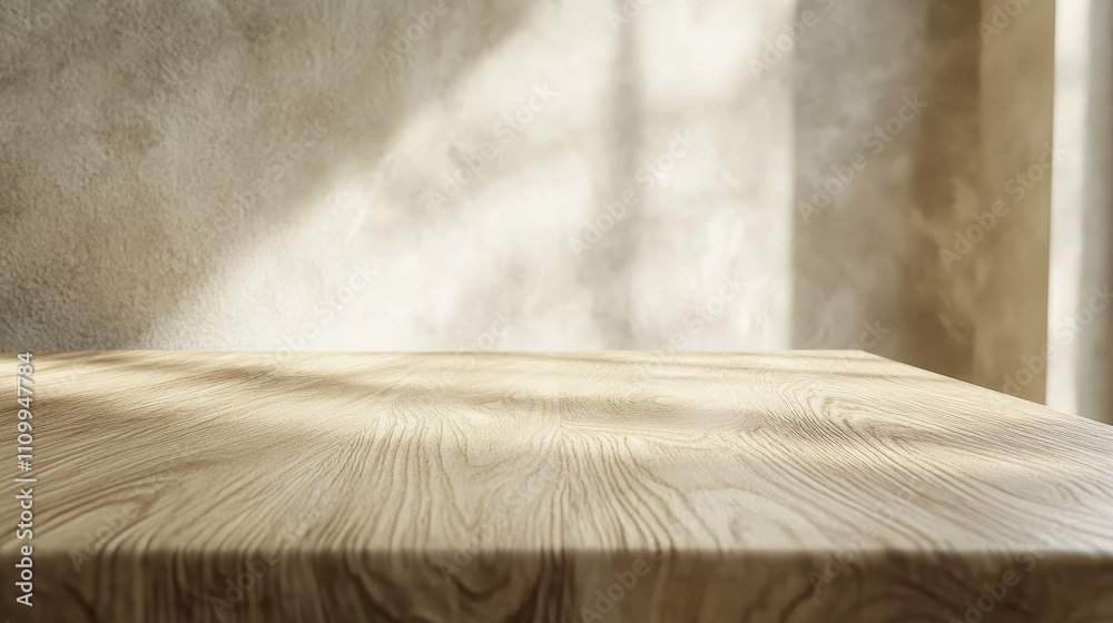 Close-up of an empty light wooden table with a smooth texture and natural wood grain, against a light beige wall background. 3D rendered illustration with high-resolution and realistic detail. Close-up of an empty light wooden table with a smooth texture and natural wood grain, against a light beige wall background. 3D rendered illustration with high-resolution and realistic detail.