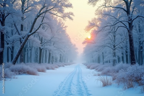 Snowy trees with sun rising between them on a path photo