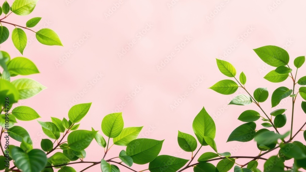 Vibrant Green Foliage Against a Soft Pink Background, Creating a Natural and Elegant Frame for Your Text or Design Vibrant Green Foliage Against a Soft Pink Background, Creating a Natural and Elegant Frame for Your Text or Design