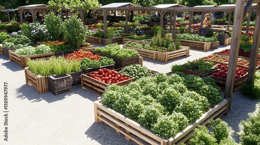 A vibrant farmers' market featuring fresh produce in wooden crates and lush greenery. A vibrant farmers' market featuring fresh produce in wooden crates and lush greenery.