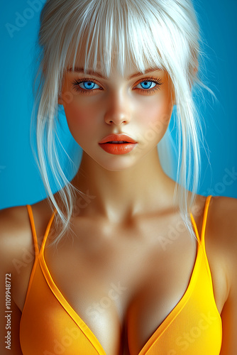 A woman with blonde hair and blue eyes is wearing a yellow bikini top. She has a bright smile and is looking directly at the camera. The image has a cheerful and confident mood