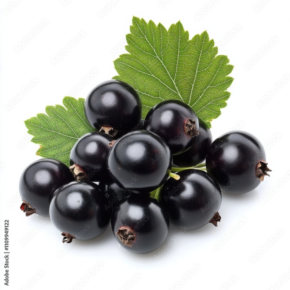 A cluster of fresh black currants with leaves, isolated white background, abstract art style A cluster of fresh black currants with leaves, isolated white background, abstract art style