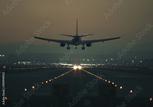 Airplane Approaching Runway at Dusk, Illuminated Airport Lights, Atmospheric Perspective, Tranquil Evening Sky, Calm Travel Vibes, Adventure Awaits in the Horizon