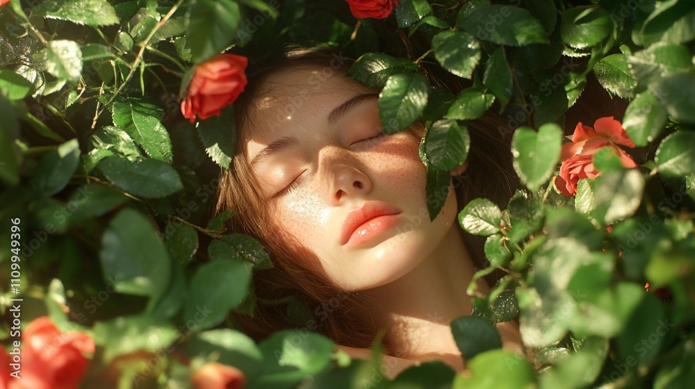 A serene portrait of a woman surrounded by roses and greenery. A serene portrait of a woman surrounded by roses and greenery.