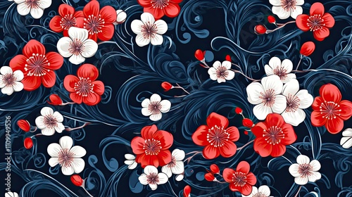 Wallpaper Mural Red and White Blossoms on a Dark Blue Swirling Background Torontodigital.ca