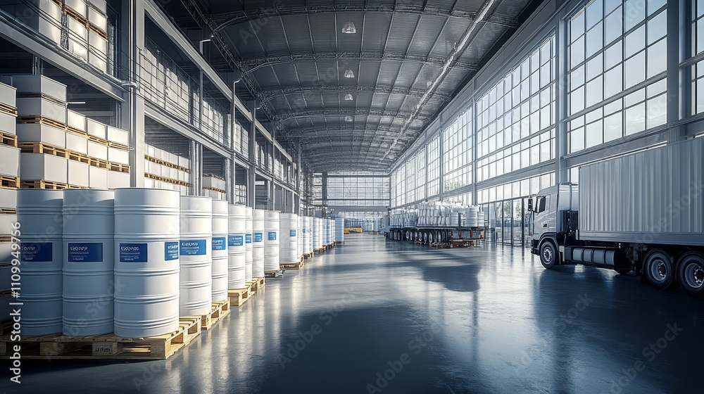 Obraz premium White paint cans stacked on pallets in a modern warehouse, with an industrial truck loading cargo in the background, highlighting stacked acrylic blue and gray label paper in the foreground.