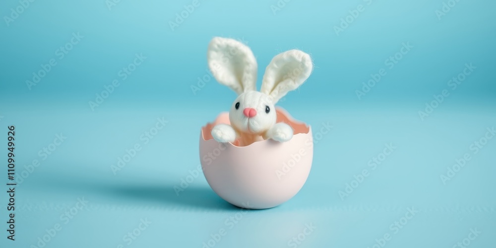A White Bunny Peeking From Inside a Pink Egg Shell Against a Soft Blue Background A White Bunny Peeking From Inside a Pink Egg Shell Against a Soft Blue Background