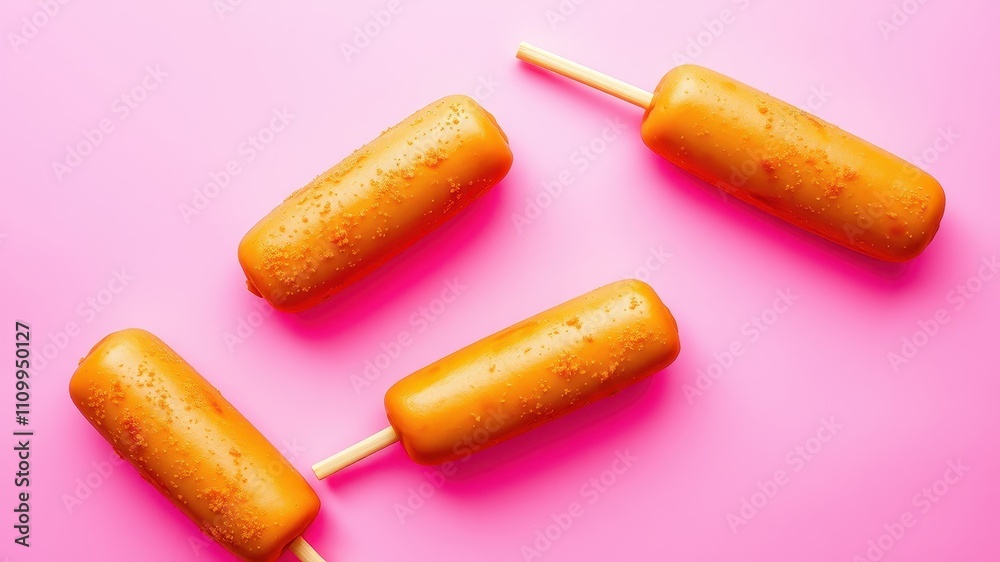 A quartet of orange popsicles on a vibrant pink background, showcasing their refreshing, summery goodness A quartet of orange popsicles on a vibrant pink background, showcasing their refreshing, summery goodness
