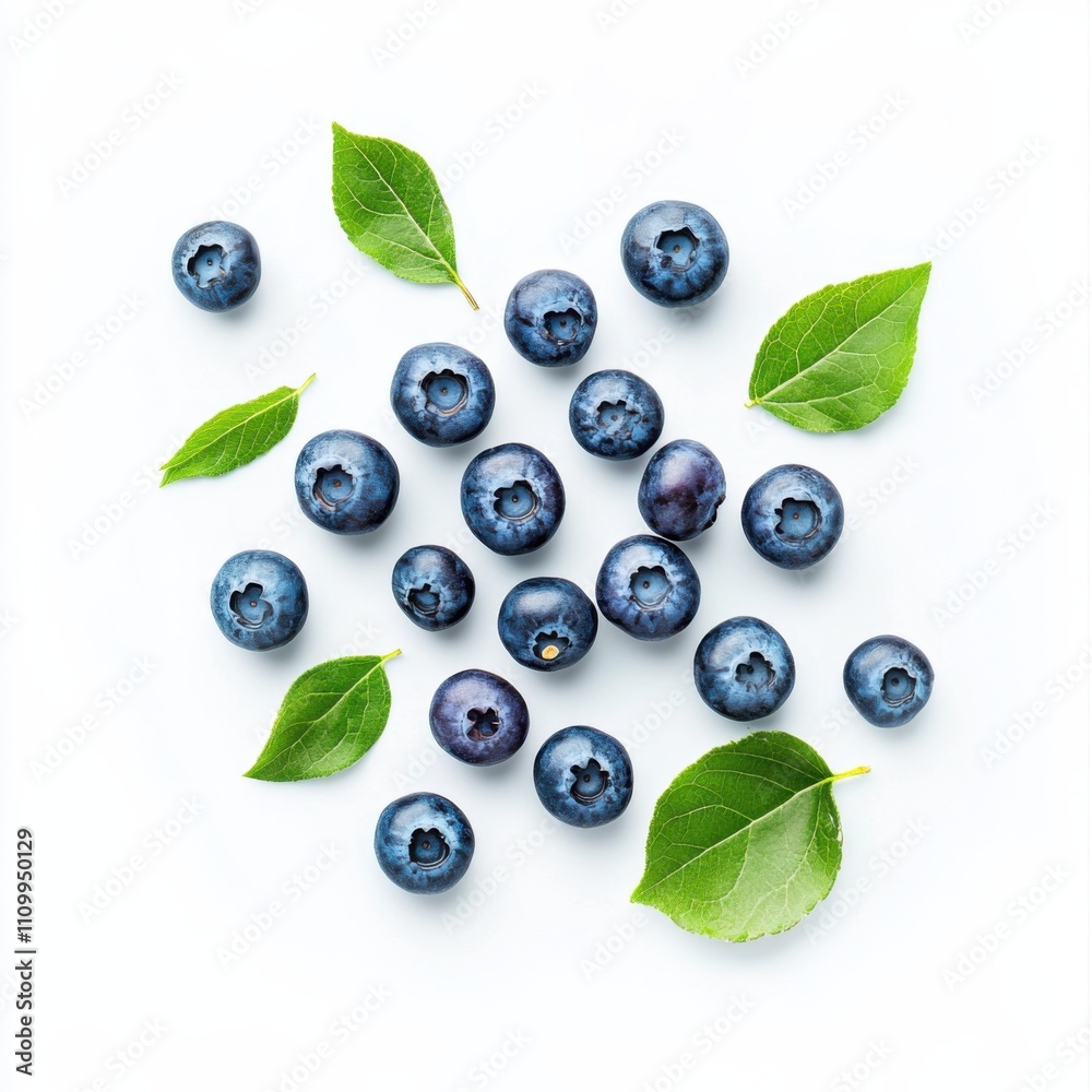 A cluster of fresh blueberries with leaves, isolated white background, abstract art style A cluster of fresh blueberries with leaves, isolated white background, abstract art style