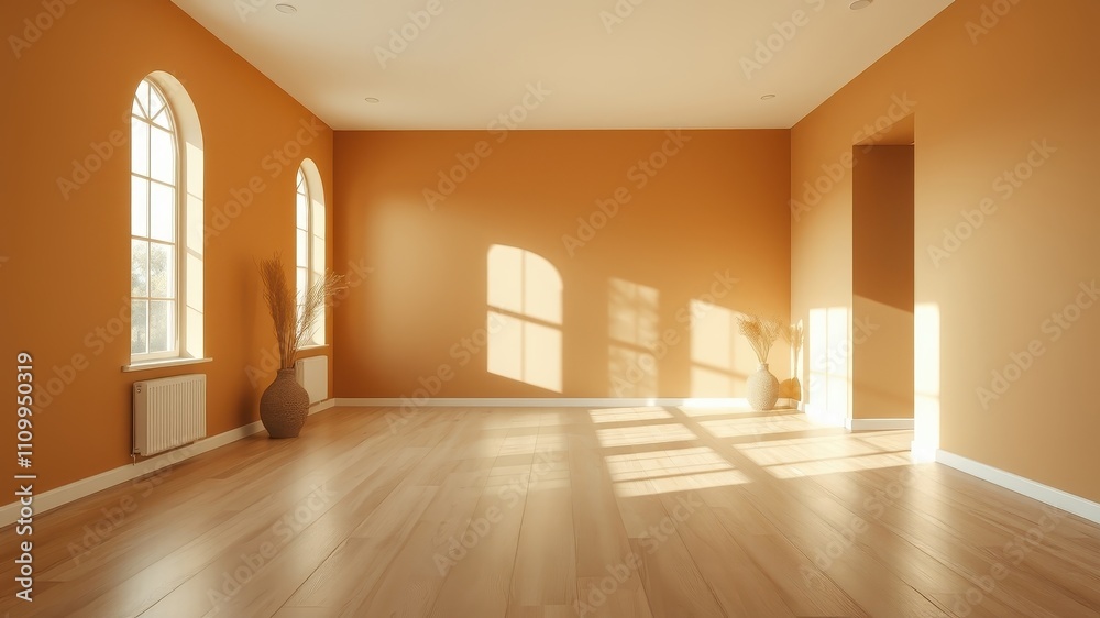 Sunlight streams through arched windows in an empty room with warm orange walls and hardwood floors Sunlight streams through arched windows in an empty room with warm orange walls and hardwood floors