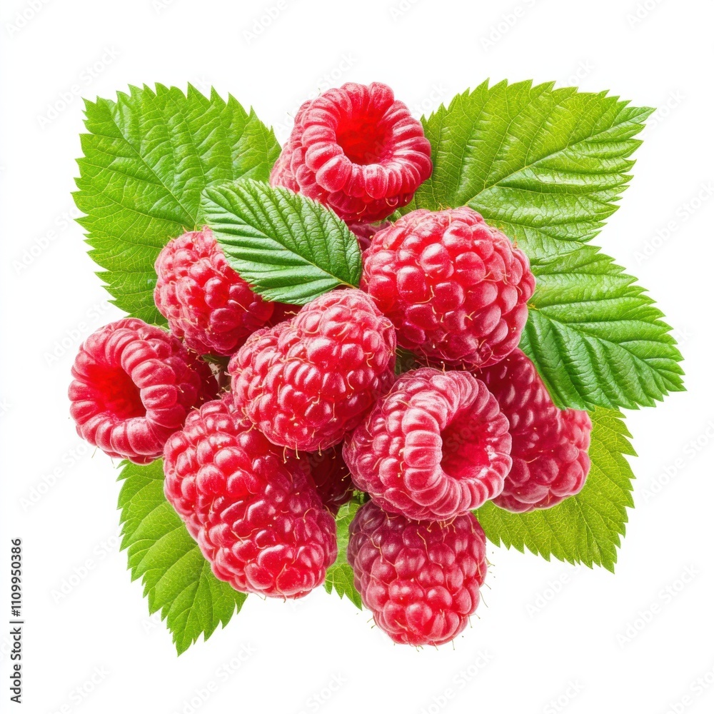 A cluster of fresh raspberries with leaves, isolated white background, abstract art style A cluster of fresh raspberries with leaves, isolated white background, abstract art style