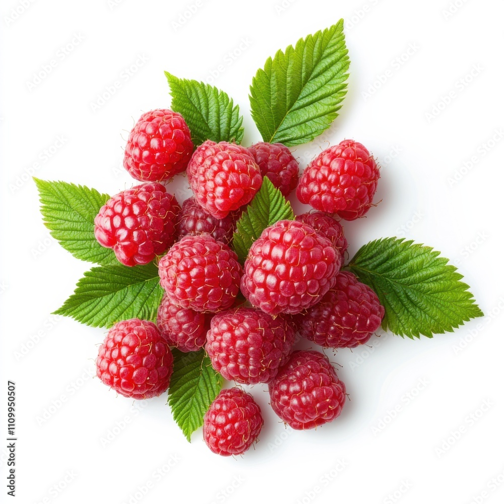 A cluster of fresh raspberries with leaves, isolated white background, abstract art style A cluster of fresh raspberries with leaves, isolated white background, abstract art style